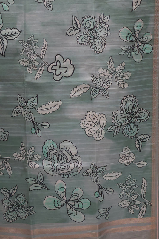 Tussar Saree-Greyish Blue Floral Tin Border
