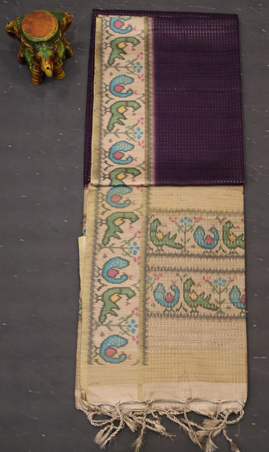 Semi Raw Silk Saree -Dark Purple Zari Dot Lines
