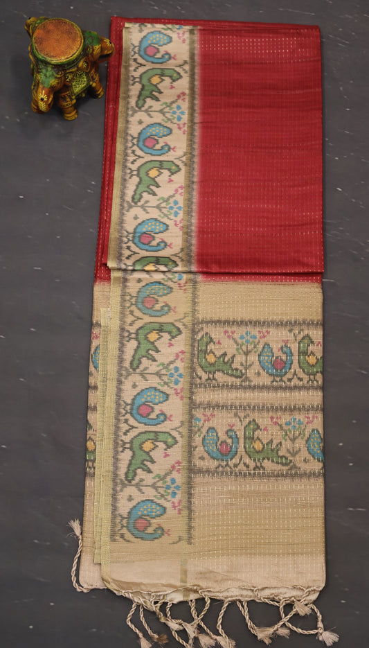 Semi Raw Silk Saree -Red Zari Dot Lines
