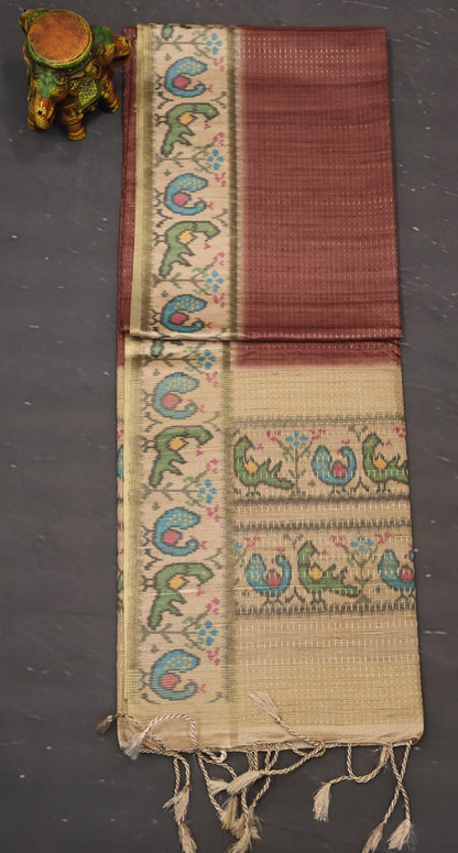 Semi Raw Silk Saree -Chocolate Brown Zari Dot Lines