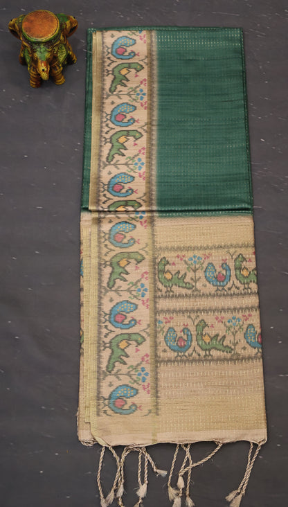 Semi Raw Silk Saree -Green Zari Dot Lines