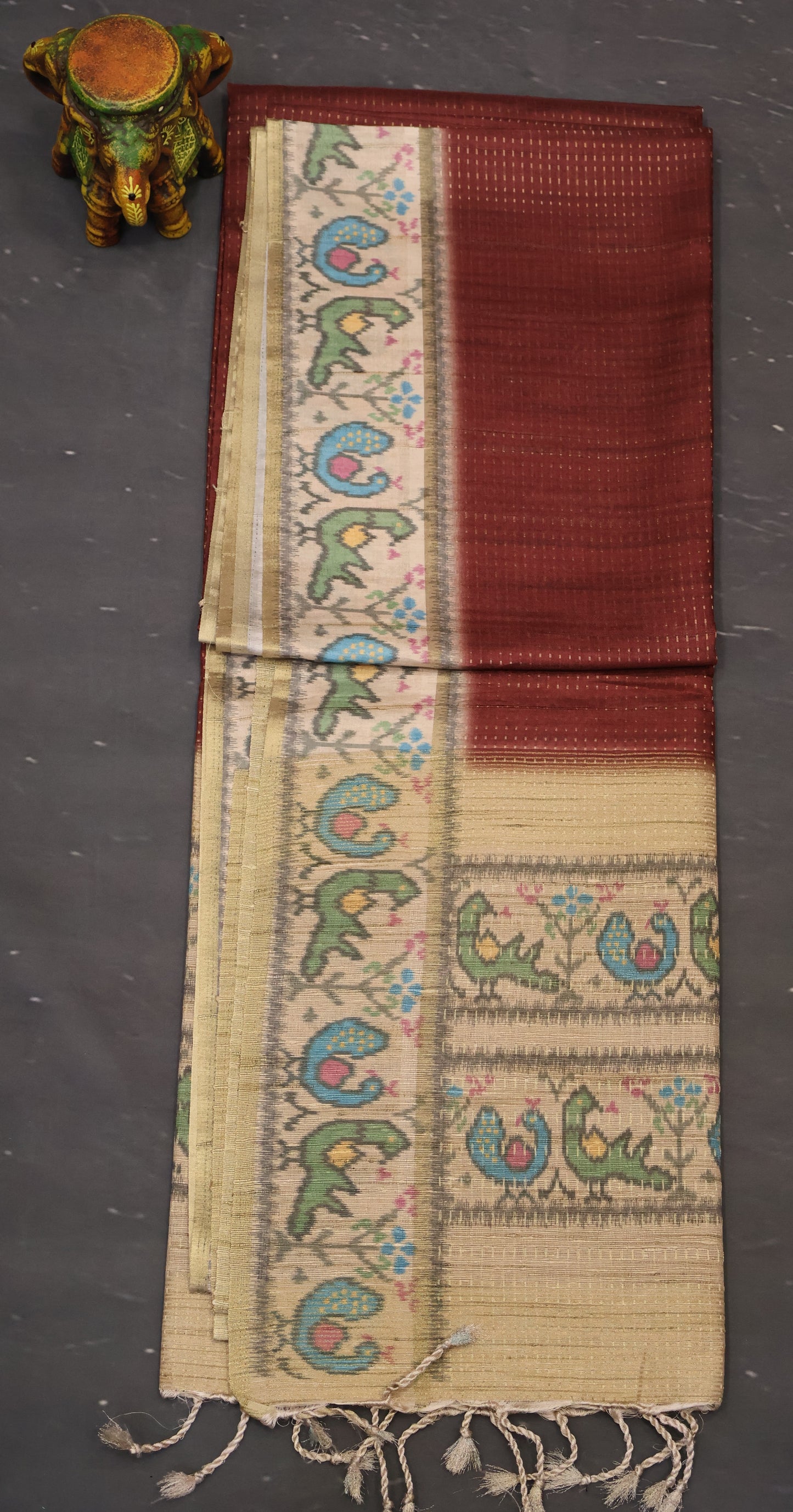 Semi Raw Silk Saree -Dark Honey Zari Dot Lines