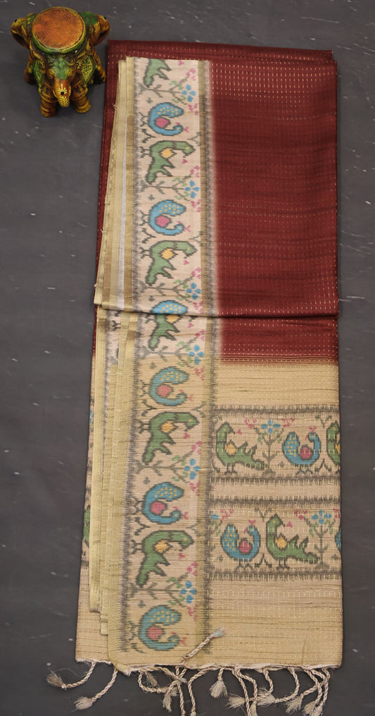 Semi Raw Silk Saree -Dark Honey Zari Dot Lines