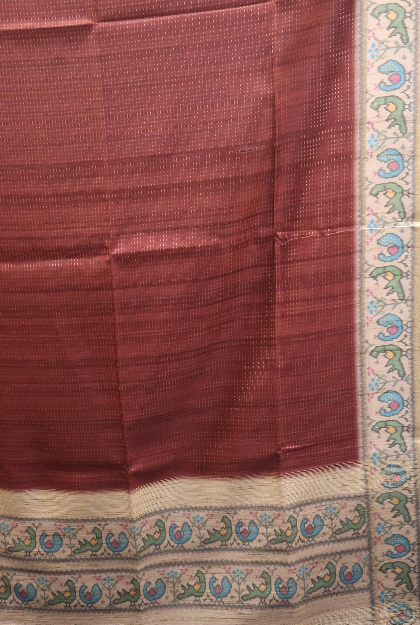 Semi Raw Silk Saree -Dark Honey Zari Dot Lines
