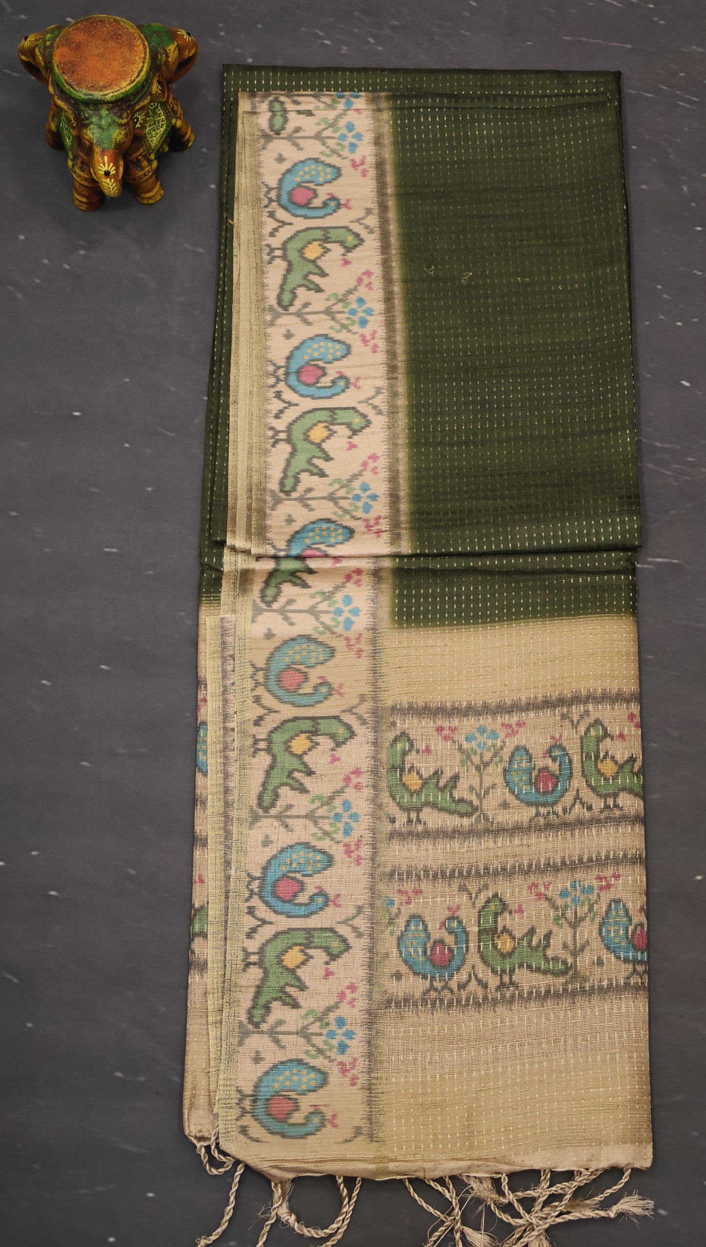 Semi Raw Silk Saree -Grass Green Zari Dot Lines