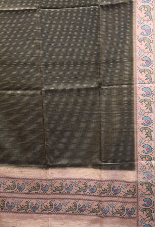 Semi Raw Silk Saree -Grass Green Zari Dot Lines