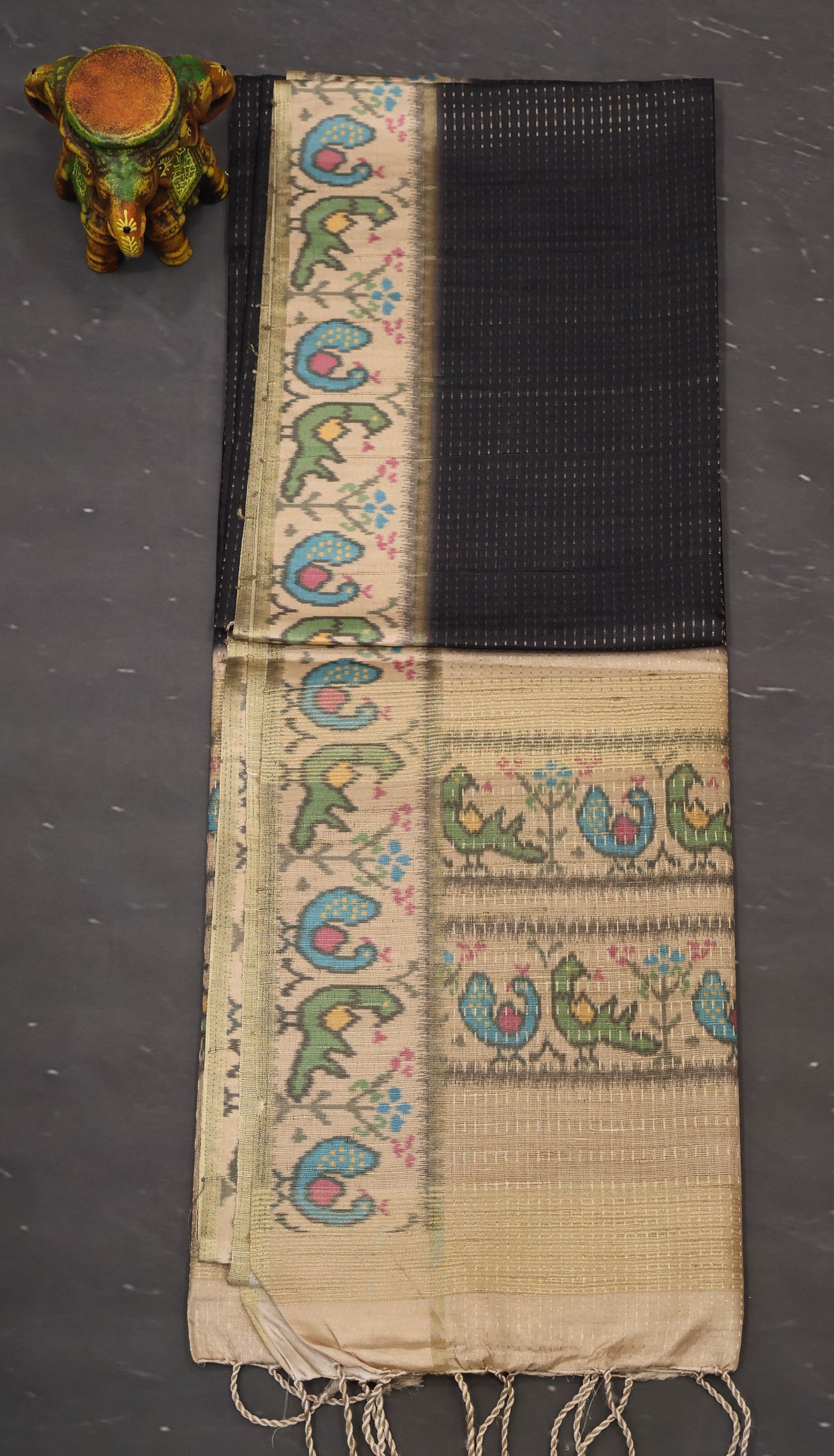 Semi Raw Silk Saree -Black Zari Dot Lines