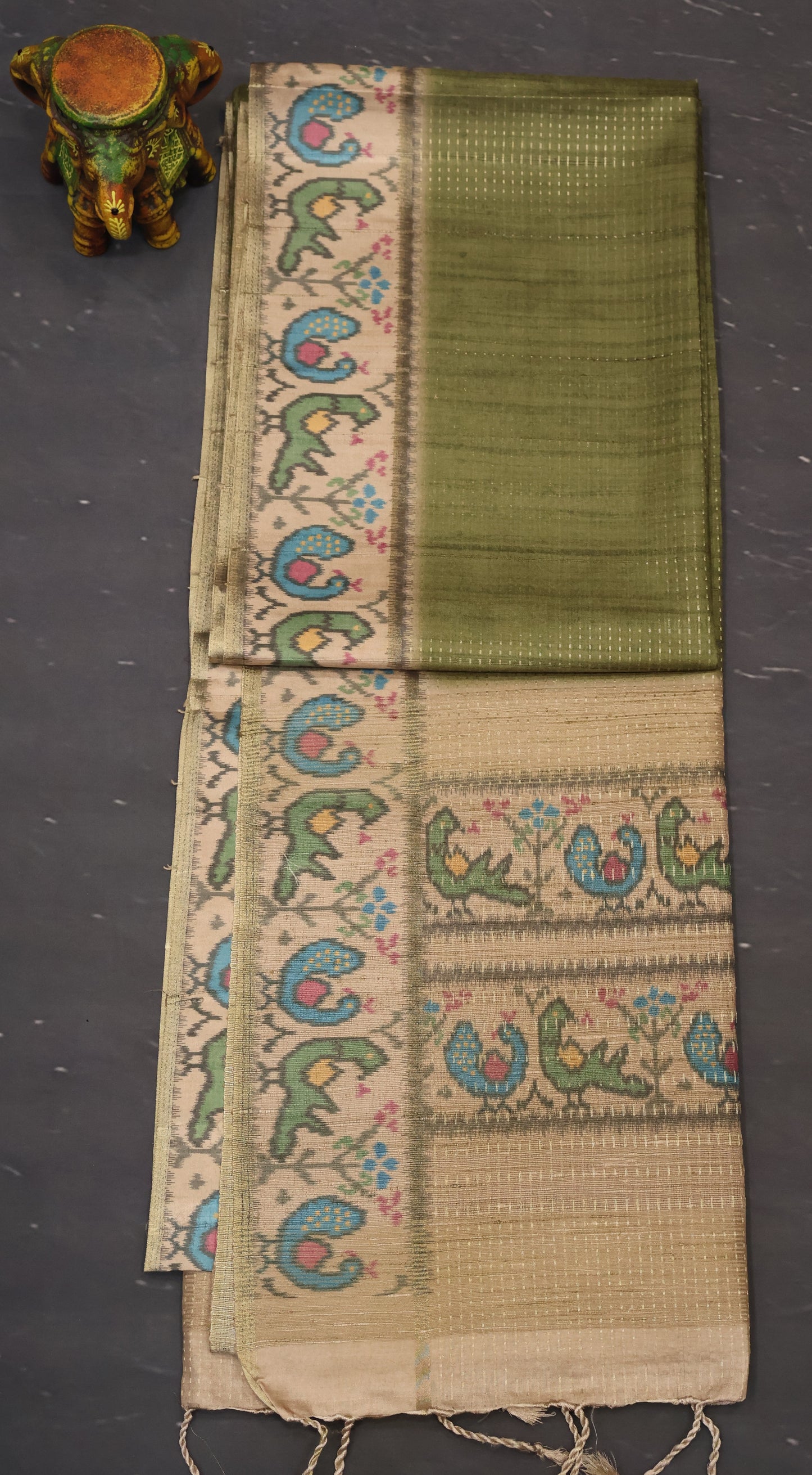 Semi Raw Silk Saree -Olive Green Zari Dot Lines