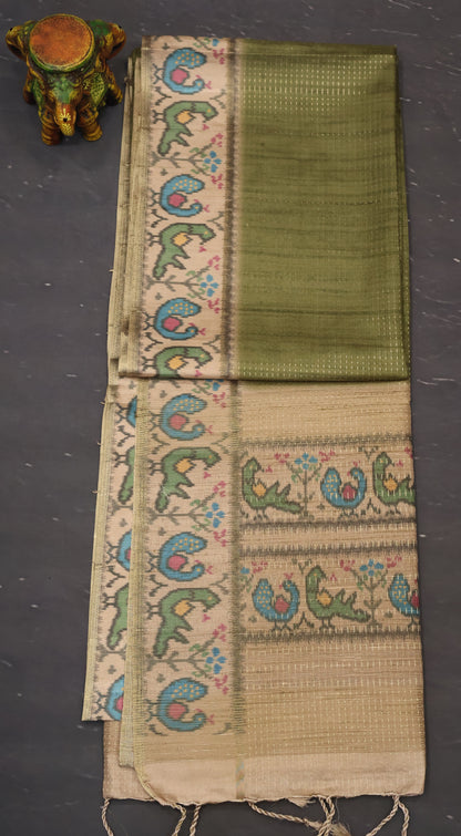 Semi Raw Silk Saree -Olive Green Zari Dot Lines