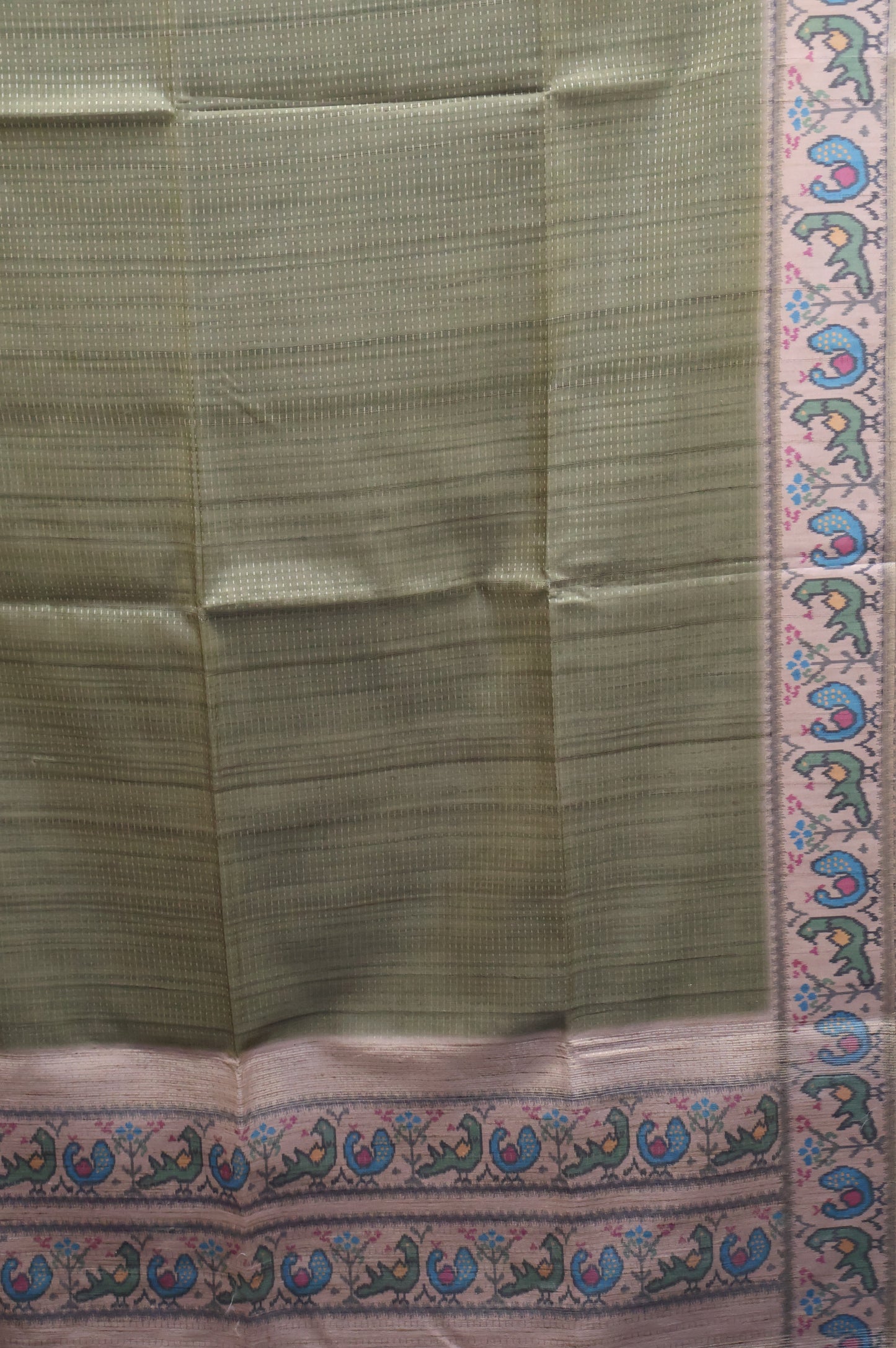 Semi Raw Silk Saree -Olive Green Zari Dot Lines
