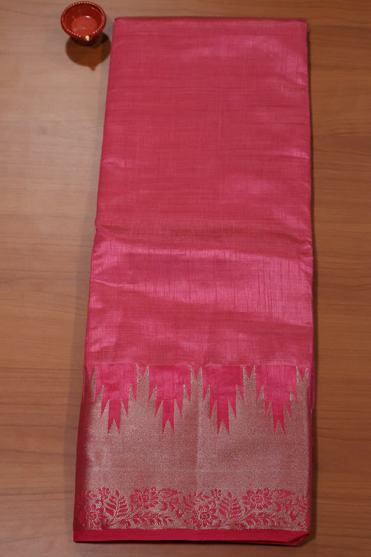 Semi Tussar Saree - Pink Temp Flower