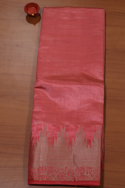 Semi Tussar Saree -Peach Pink Temp Flower