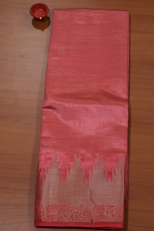 Semi Tussar Saree -Peach Pink Temp Flower