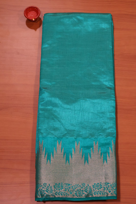 Semi Tussar Saree - Teal Green Temp Flower