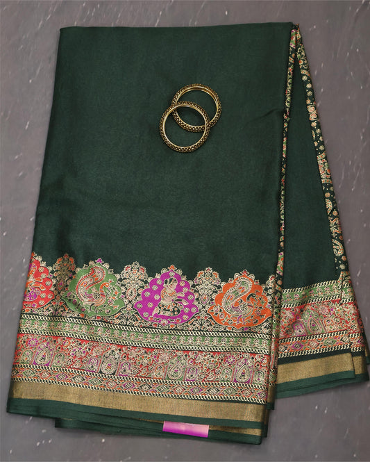 Semi Tussar Saree-Bottle Green Position Print