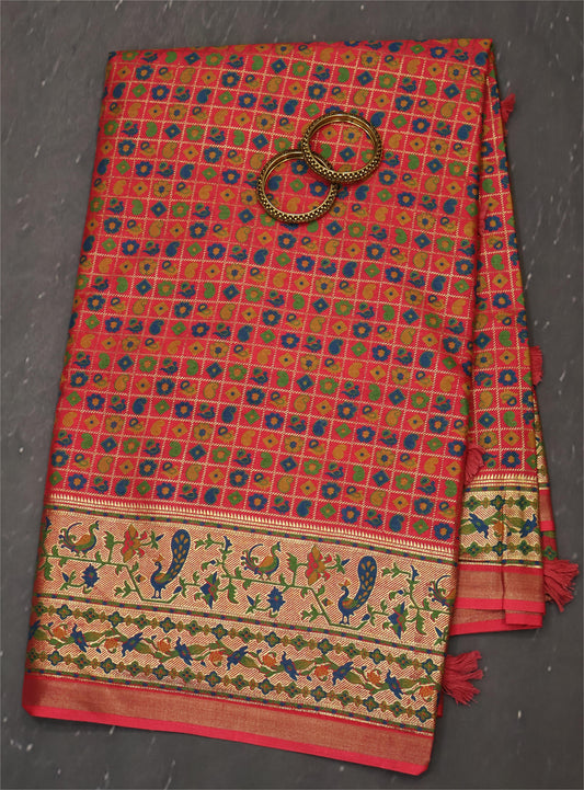 Semi Tussar Saree-Pink Checks Manga Position Print