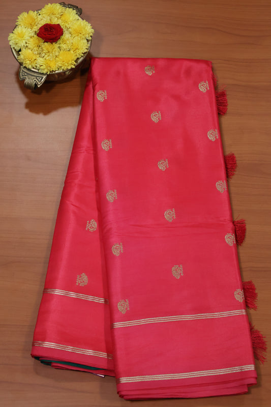 Semi Soft Silk Saree- Pink Plain Double Border