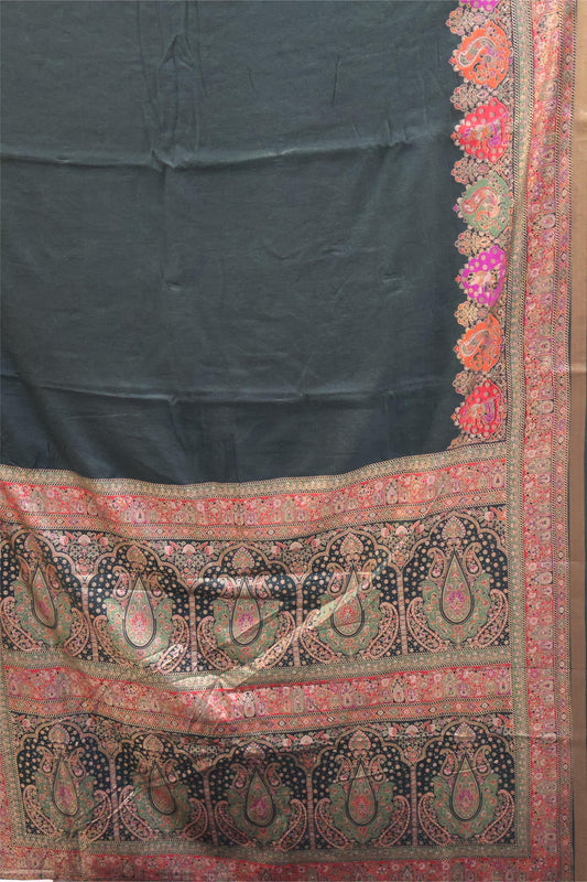 Semi Tussar Saree-Bottle Green Position Print