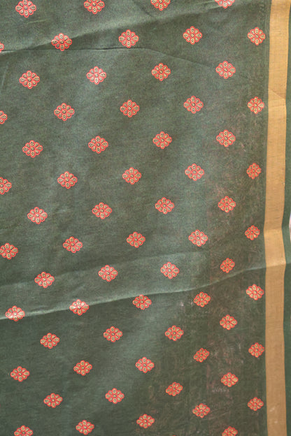 Semi Tussar Saree-Bottle Green Position Print