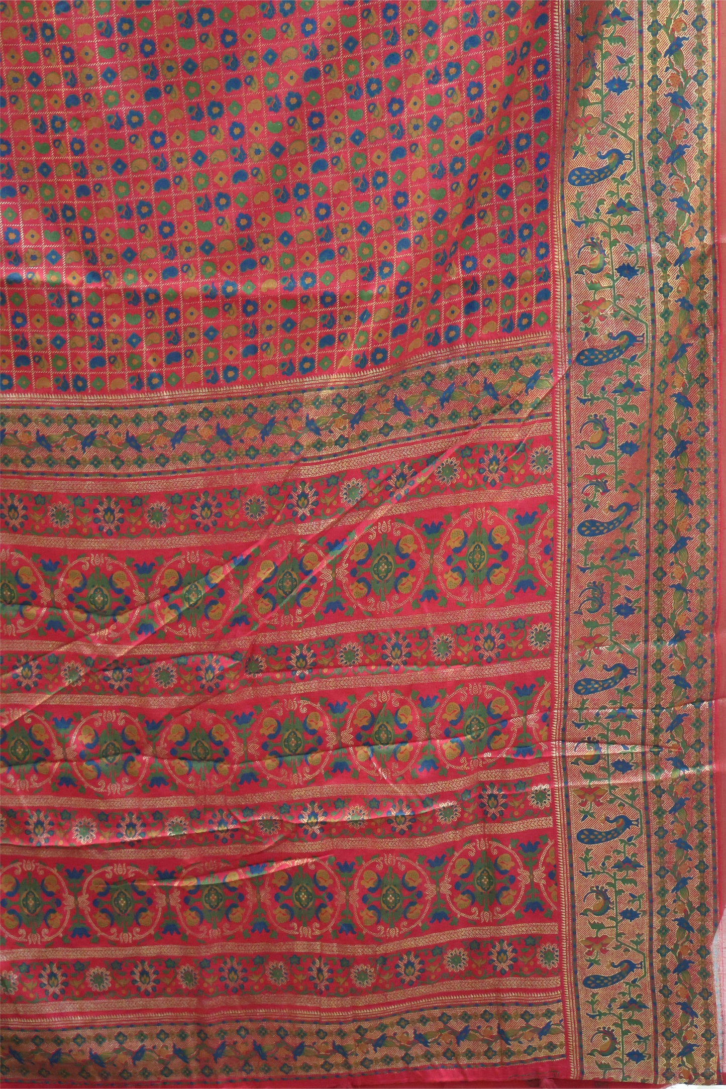 Semi Tussar Saree-Pink Checks Manga Position Print