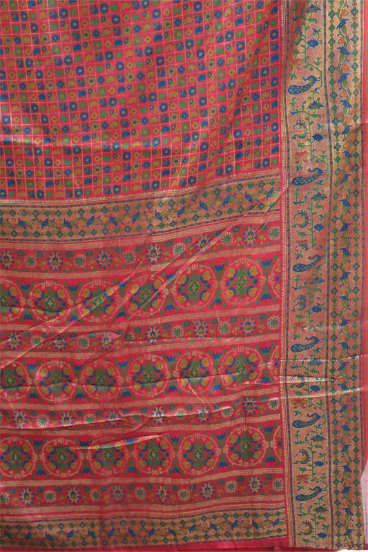 Semi Tussar Saree-Pink Checks Manga Position Print