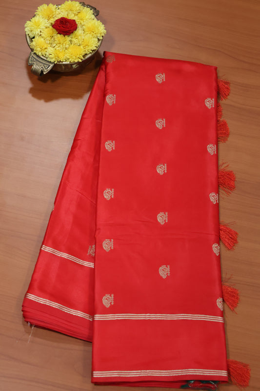 Semi Soft Silk Saree-Red Plain Double Border