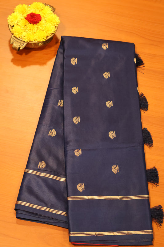 Semi Soft Silk Saree-Navy Blue Plain Double Border