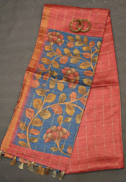 Semi Tussar Saree -Red Radha Krishna Pattern
