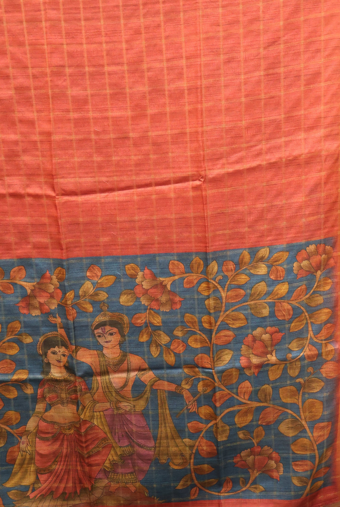 Semi Tussar Saree -Red Radha Krishna Pattern