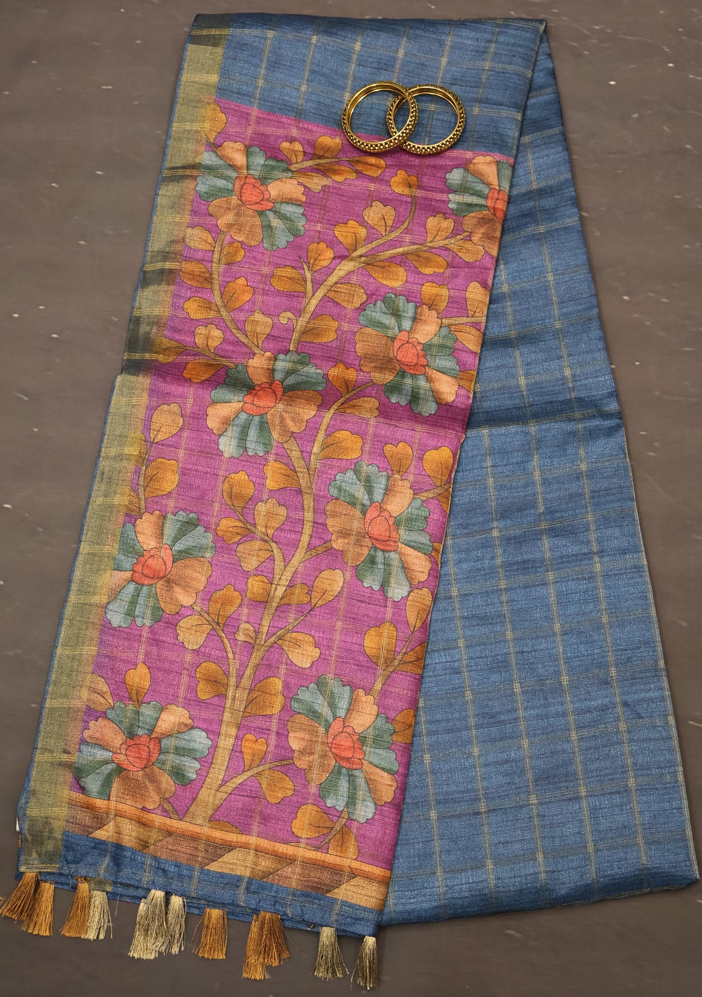 Semi Tussar Saree -Blue Rukmini Print