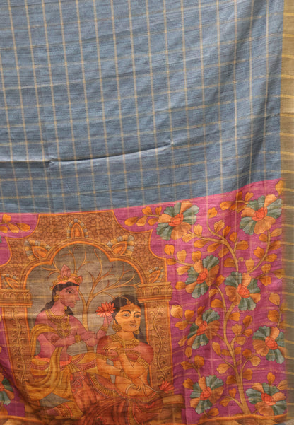 Semi Tussar Saree -Blue Rukmini Print