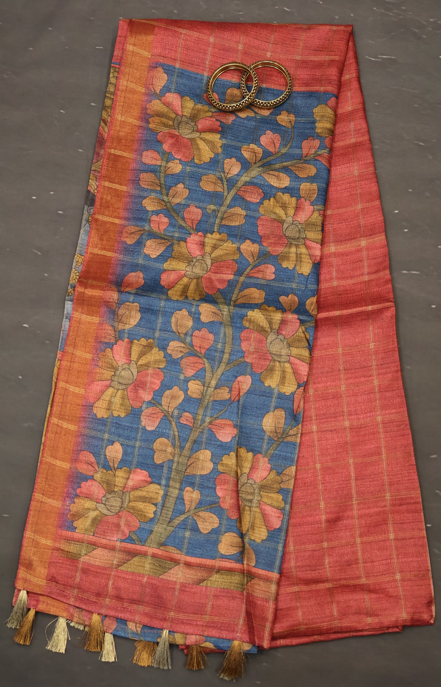 Semi Tussar Saree -Red Rukmini Print