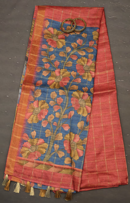 Semi Tussar Saree -Red Rukmini Print