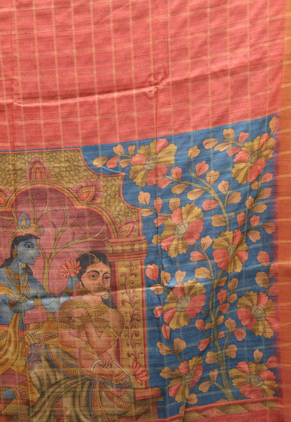 Semi Tussar Saree -Red Rukmini Print