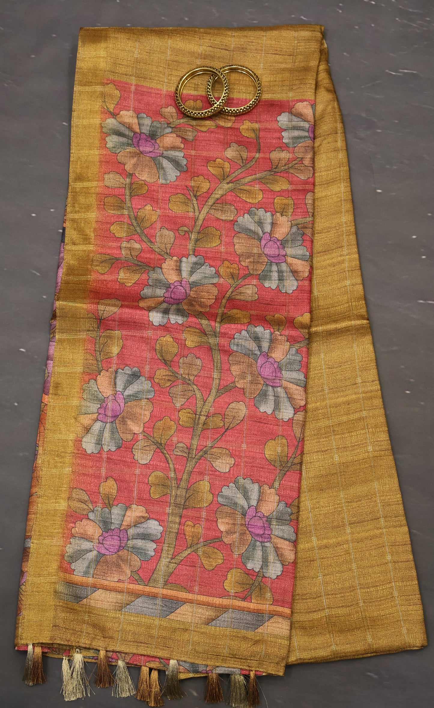 Semi Tussar Saree -Mustard Rukmini Print