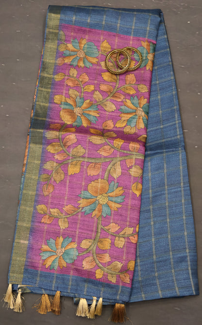 Semi Tussar Saree -Blue Bansuri Print