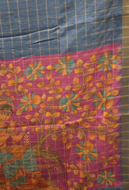 Semi Tussar Saree -Blue Bansuri Print