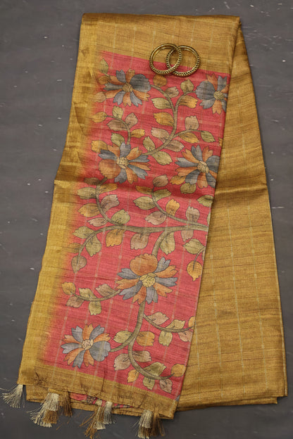 Semi Tussar Saree - Bansuri Print Mustard