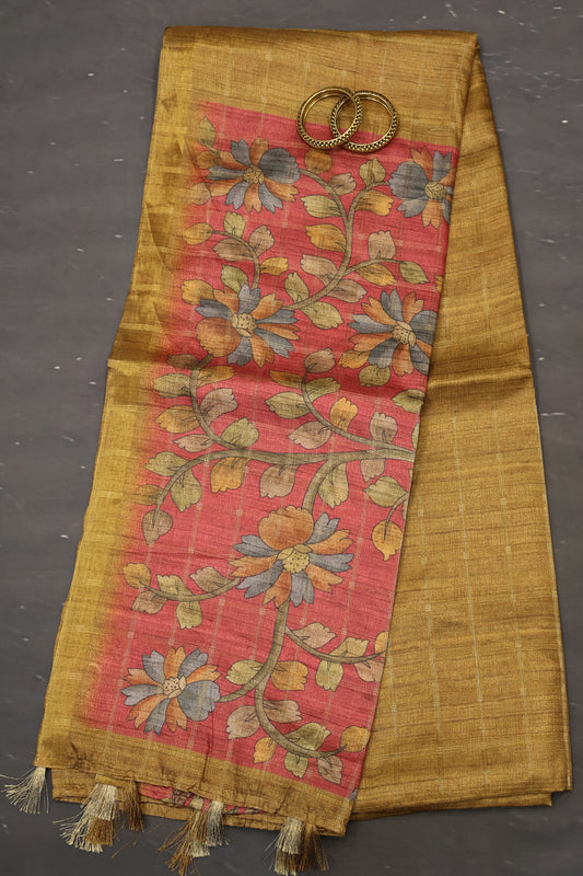 Semi Tussar Saree - Bansuri Print Mustard