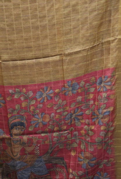 Semi Tussar Saree - Bansuri Print Mustard