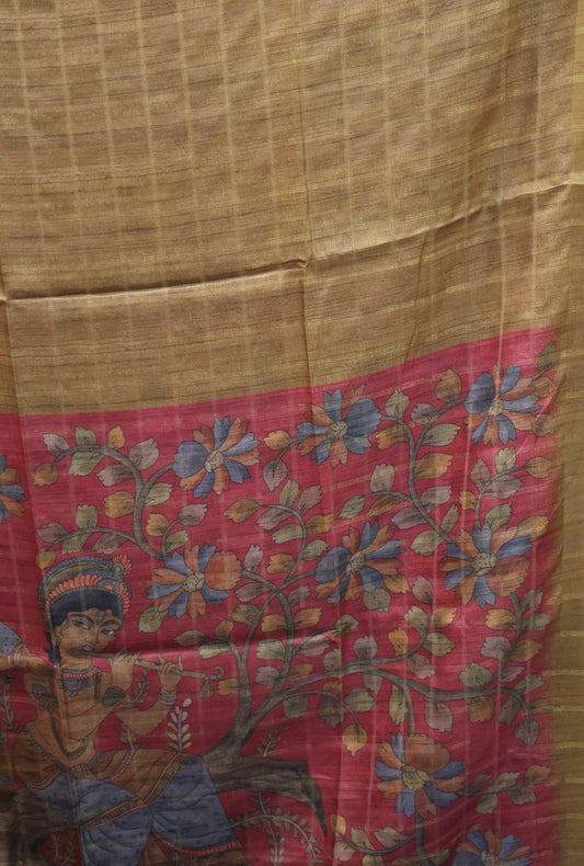 Semi Tussar Saree - Bansuri Print Mustard