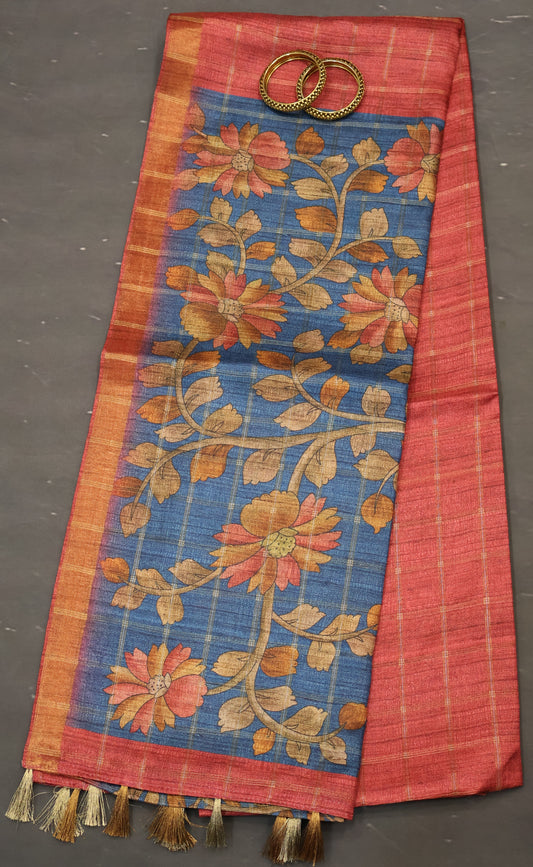 Semi Tussar Saree - Bansuri Print Red