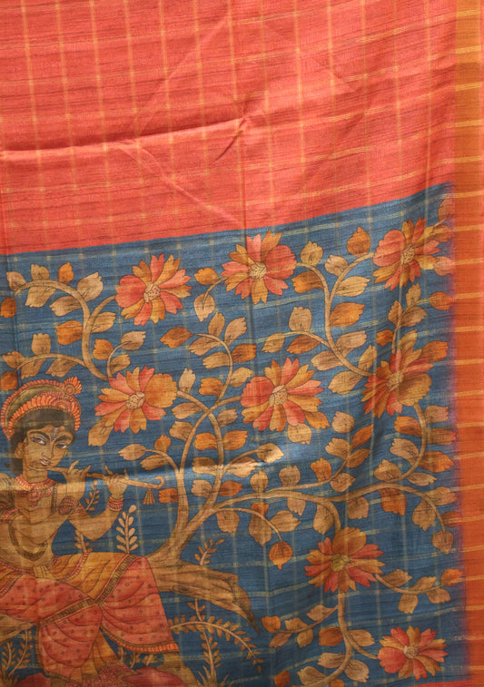 Semi Tussar Saree - Bansuri Print Red