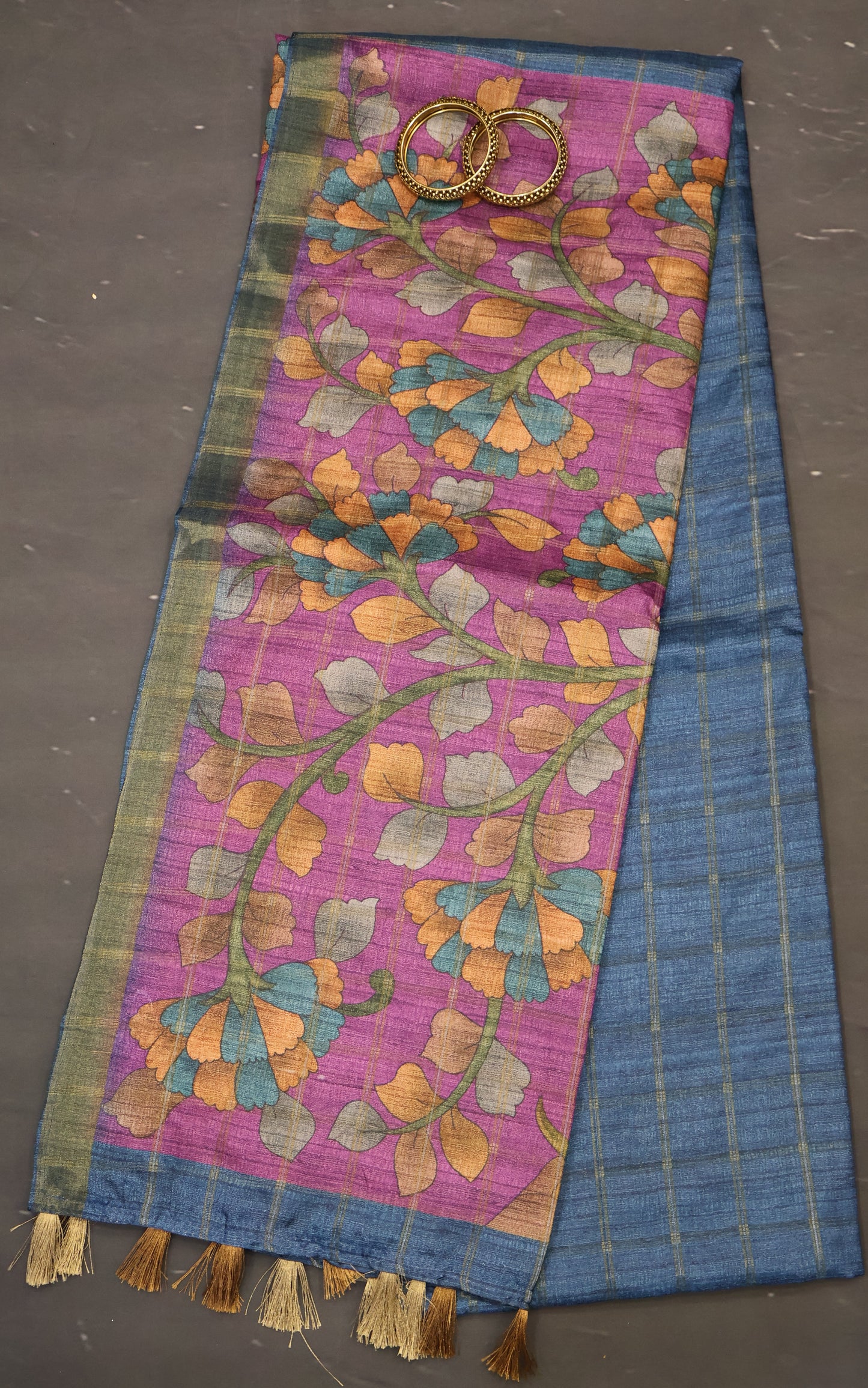 Semi Tussar Saree - Radha Krishna Print Blue