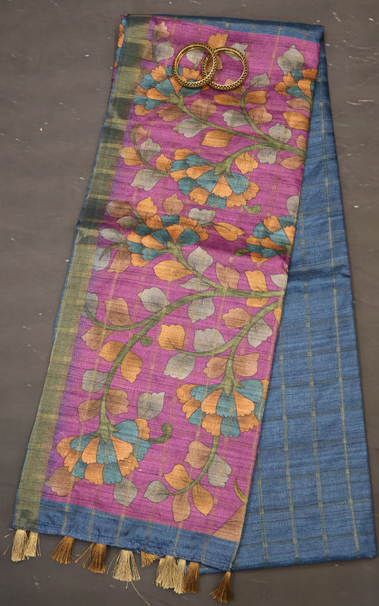 Semi Tussar Saree - Radha Krishna Print Blue