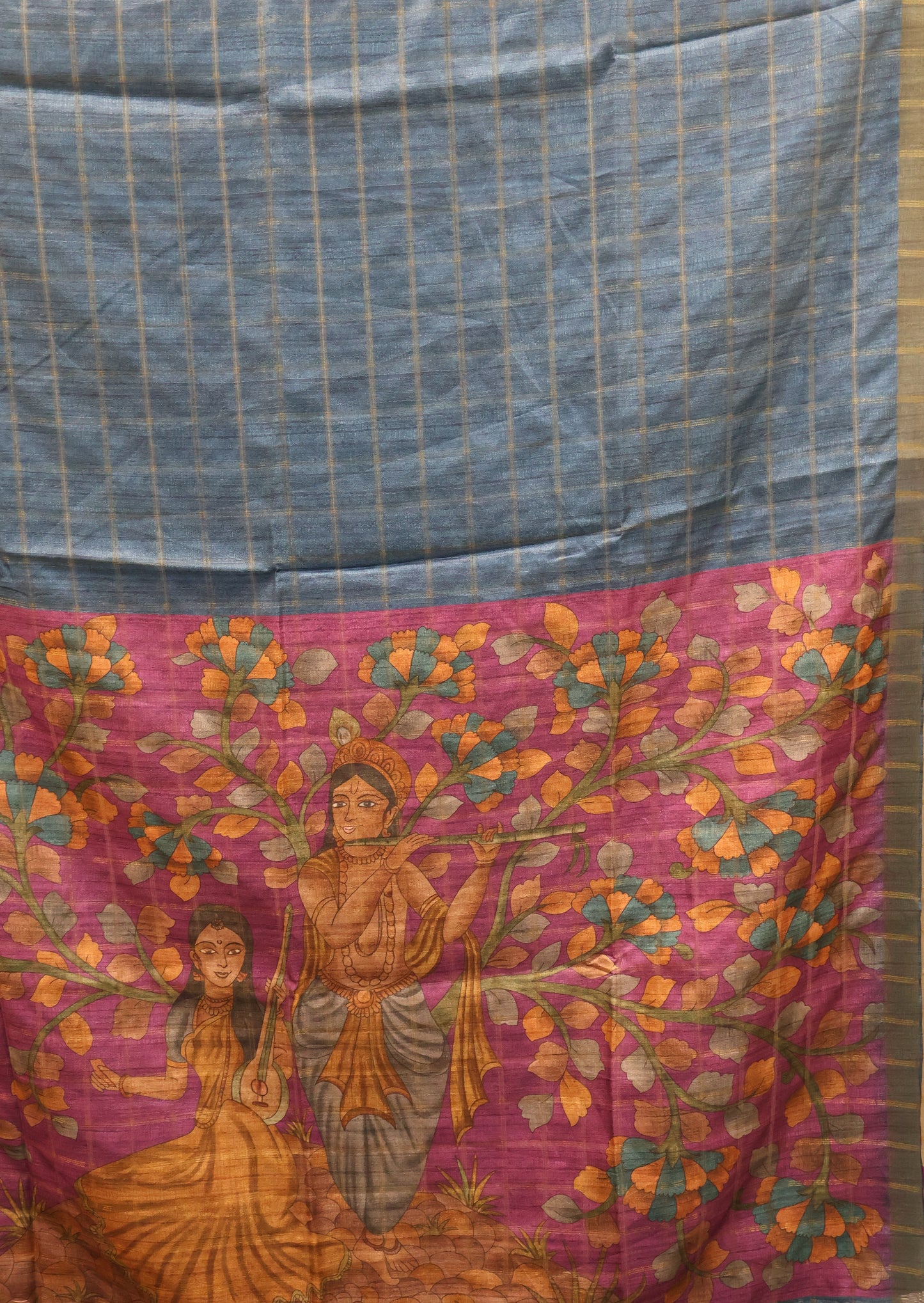 Semi Tussar Saree - Radha Krishna Print Blue