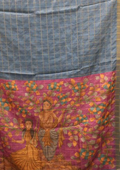 Semi Tussar Saree - Radha Krishna Print Blue
