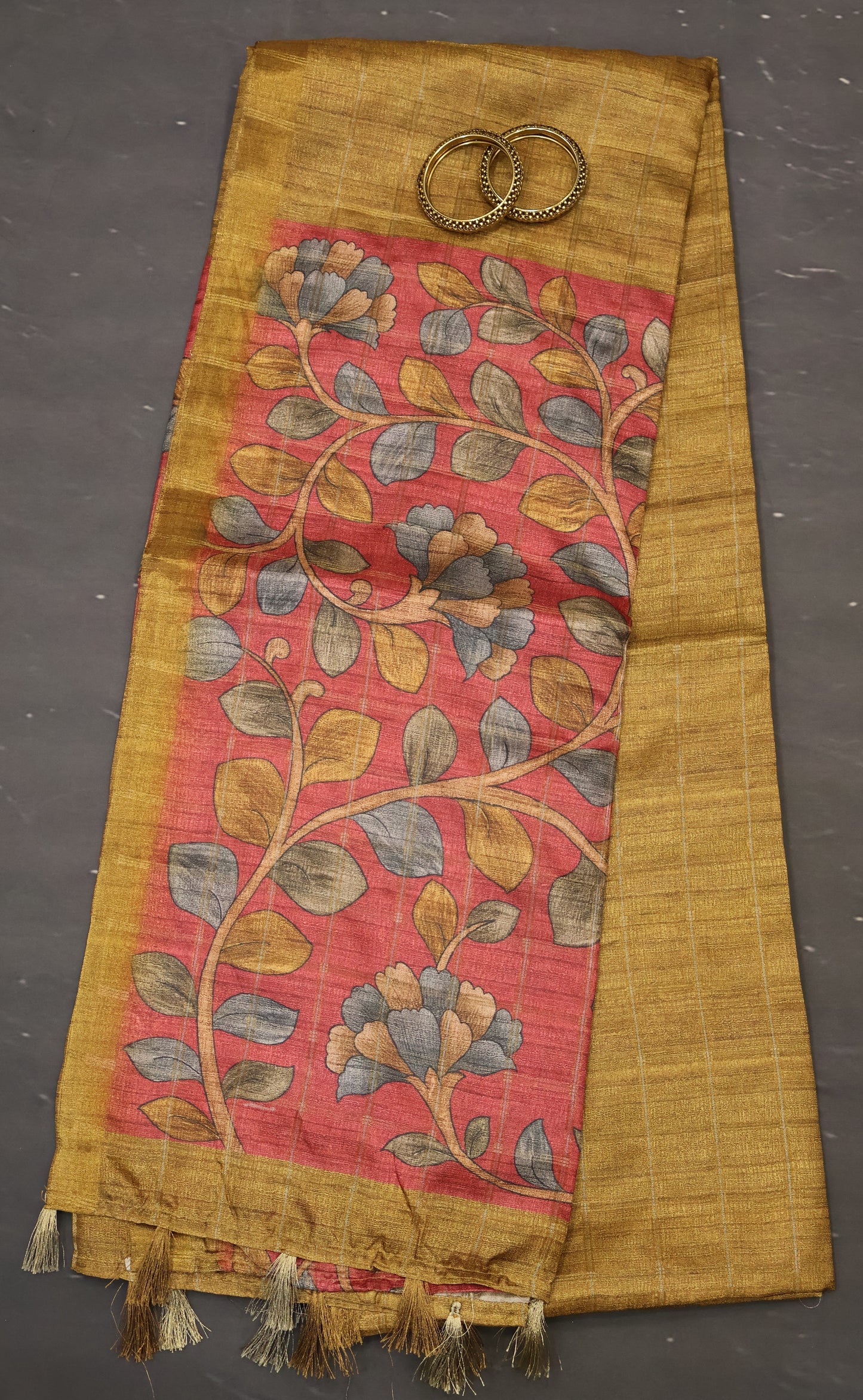 Semi Tussar Saree - Radha Krishna Print Mustard