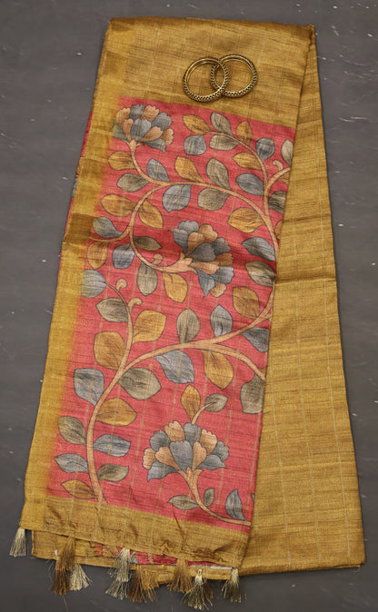 Semi Tussar Saree - Radha Krishna Print Mustard
