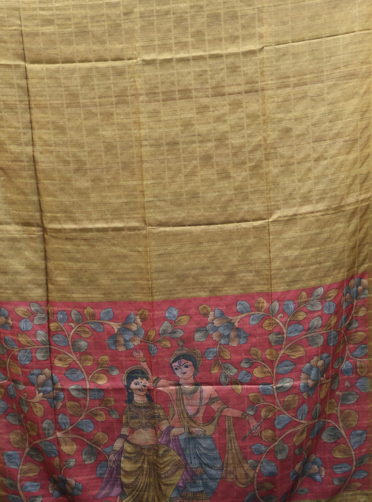 Semi Tussar Saree - Radha Krishna Print Mustard